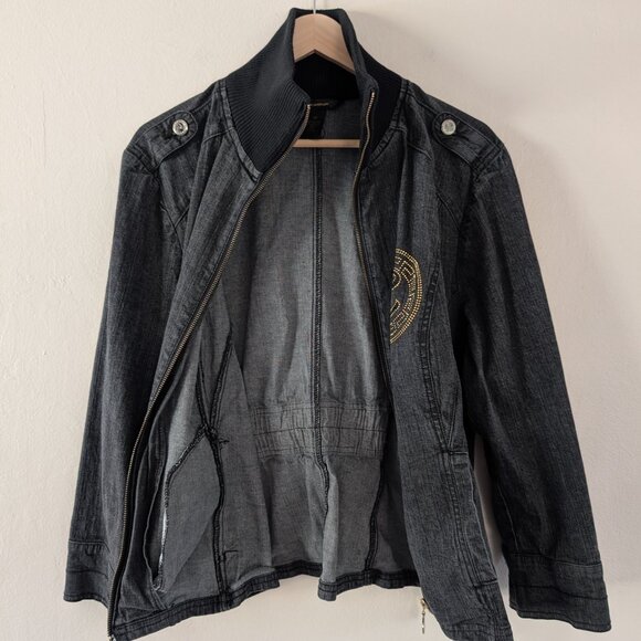 Vintage Rocawear Denim Jacket Faded Black Denim Distressed Full Zip Collar 2X - Picture 16 of 16